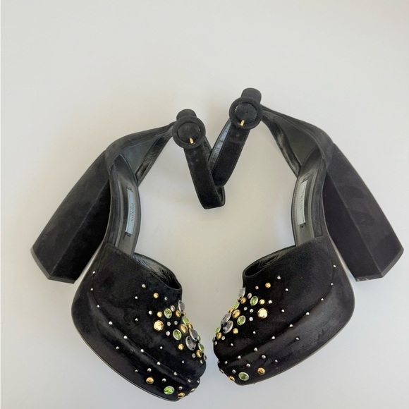 Prada Black Suede Leather Rhinestone embellished ankle strap chunky heel sandals - Picture 3 of 11